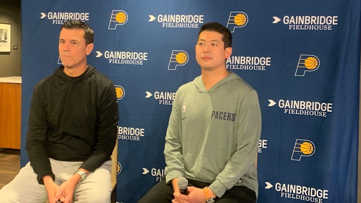 Indiana Pacers GM Chad Buchanan and VP of Basketball Operations and Cap Management Ted Wu speak with reporters before the 2024-25 NBA season. (Mandatory Photo Credit: Tony East)