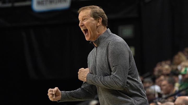 Oregon coach Dana Altman celebrates as the Ducks tie UCLA during the first half at Matthew Knight Arena in Eugene, Oregon Sunday, Dec 8, 2024.