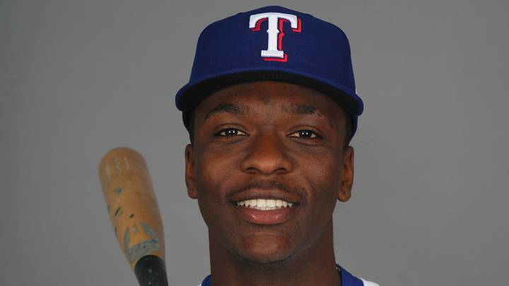 Feb 19, 2025; Surprise, AZ, USA; Texas Rangers player Sebastian Walcott poses for a photo during Media Day at Surprise Stadium. Mandatory Credit: Joe Camporeale-Imagn Images