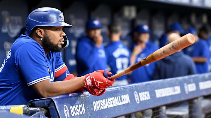 Sep 20, 2024; St. Petersburg, Florida, USA; Toronto Blue Jays first baseman Vladimir Guerrero Jr. (27) prepares for the start of the game against the Tampa Bay Rays at Tropicana Field. Mandatory Credit: Jonathan Dyer-Imagn Images