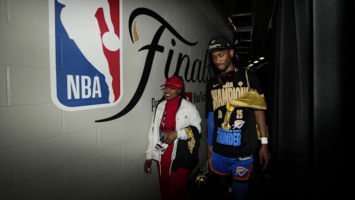 Jun 22, 2025; Oklahoma City, Oklahoma, USA; Oklahoma City Thunder guard Shai Gilgeous-Alexander (2) after winning Game 7 of the 2025 NBA Finals against the Indiana Pacers at Paycom Center.