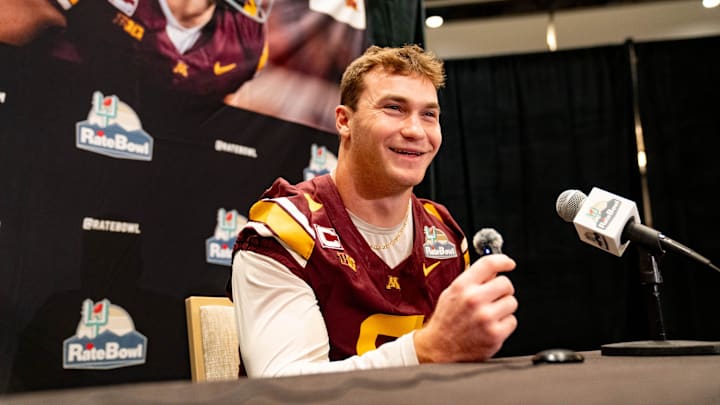 Minnesota Goloden Gophers Maverick Baranowski speaks to members of the press during a Rate Bowl media day at JW Marriott Camelback Inn in Scottsdale on Dec. 24, 2025.