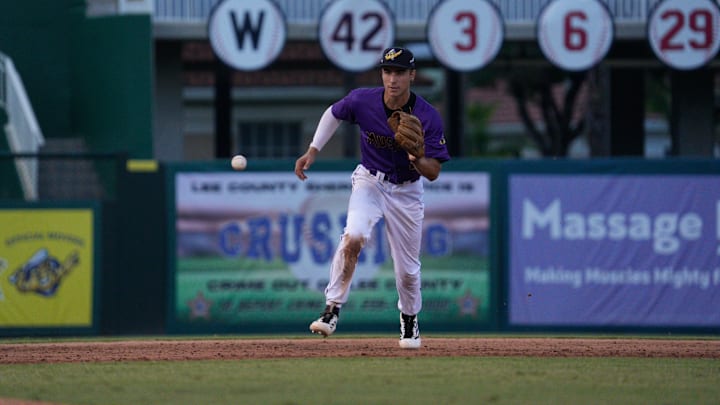 Marek Houston of the Fort Myers Mighty Mussels throws for an out against the Dunedin Blue Jays at Hammond Stadium on Saturday, Aug. 2, 2025. The Mussels won 3-2 in extra innings.