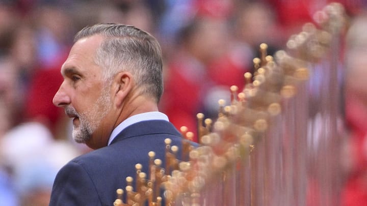 Mar 27, 2025; St. Louis, Missouri, USA;  St. Louis Cardinals president of baseball operations John Mozeliak looks on during opening day ceremonies before the game between the Cardinals and the Minnesota Twins at Busch Stadium. Mandatory Credit: Jeff Curry-Imagn Images