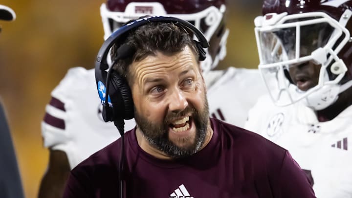 Sep 7, 2024; Tempe, Arizona, USA; Mississippi State Bulldogs defensive coordinator Coleman Hutzler against the Arizona State Sun Devils at Mountain America Stadium. Mandatory Credit: Mark J. Rebilas-Imagn Images