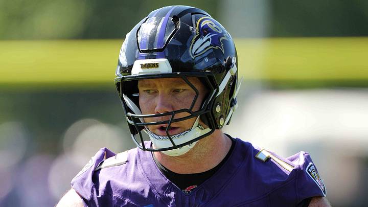 Jul 30, 2026; Owings Mills, MD, USA; Baltimore Ravens center Ethan Pocic (77) during drills at Under Armour Peformance Center. Mandatory Credit: Mitch Stringer-Imagn Images Jul 30, 2026; Owings Mills, MD, USA; Baltimore Ravens center Ethan Pocic (77) during drills at Under Armour Peformance Center. Mandatory Credit: Mitch Stringer-Imagn Images