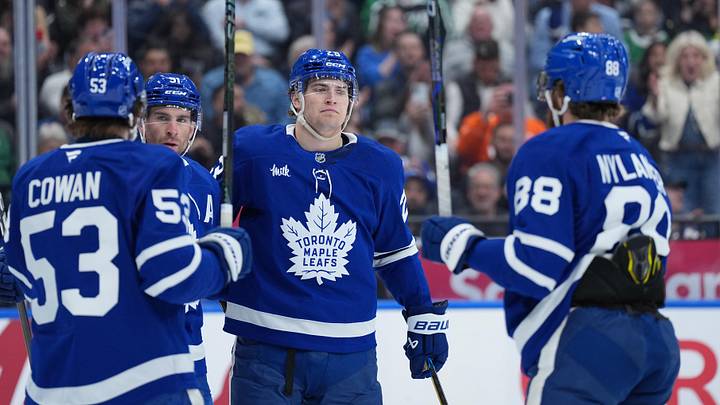 Apr 13, 2026; Toronto, Ontario, CAN; Toronto Maple Leafs center John Tavares (91) scores a goal and celebrates with left wing Matthew Knies (23) against the Dallas Stars during the first period at Scotiabank Arena. Mandatory Credit: Nick Turchiaro-Imagn Images