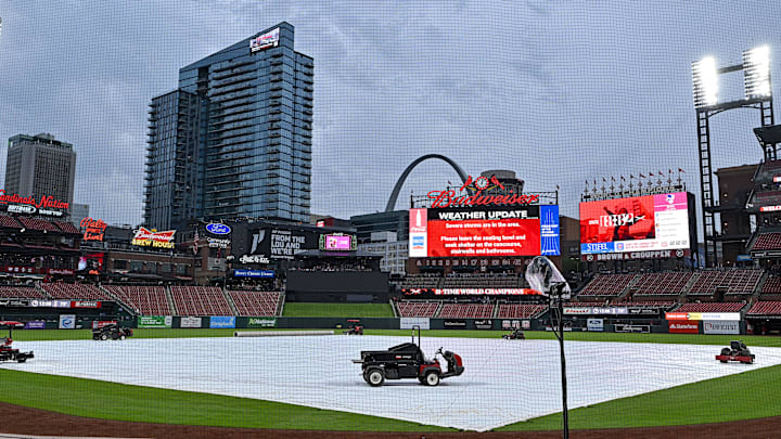 May 8, 2024; St. Louis, Missouri, USA;  A general view of the tarp on the field as storms move through the St. Louis region delaying a game between the St. Louis Cardinals and the New York Mets at Busch Stadium. Mandatory Credit: Jeff Curry-Imagn Images