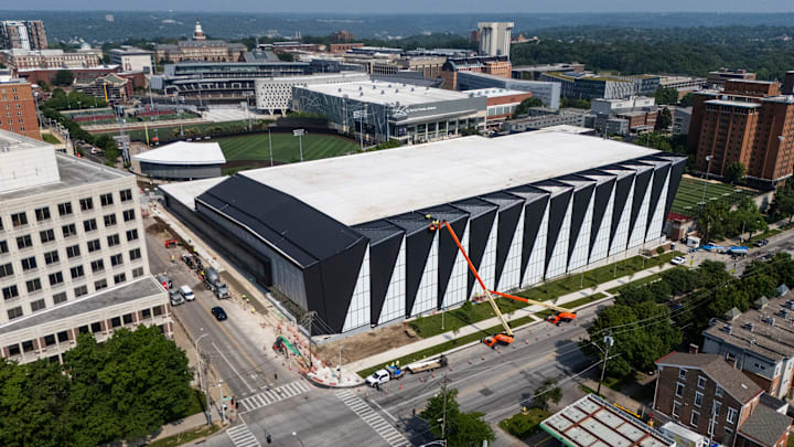 Construction continues on the new Sheakley Indoor Practice Facility and Sheakley Athletics Performance Center at the University of Cincinnati in Cincinnati, Ohio, on Wednesday, June 4, 2025.