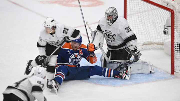 Apr 14, 2025; Edmonton, Alberta, CAN; Edmonton Oilers (90) in front of Los Angeles Kings goalie David Rittich (31) during the third period at Rogers Place. Mandatory Credit: Walter Tychnowicz-Imagn Images