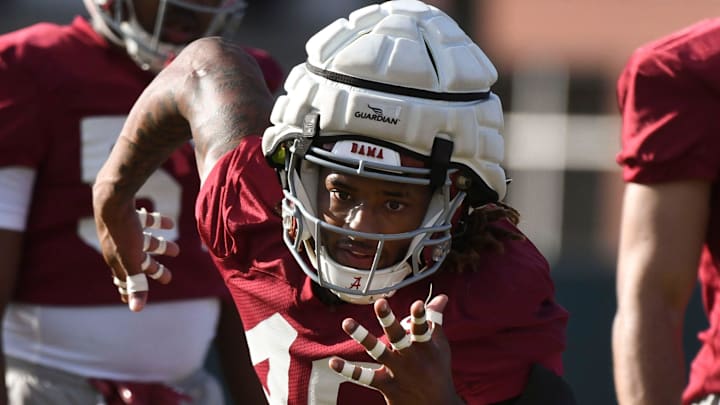Mar 6, 2024; Tuscaloosa, Alabama, USA; Linebacker Sterling Dixon does a drill during practice for the Alabama Crimson Tide football team Wednesday.