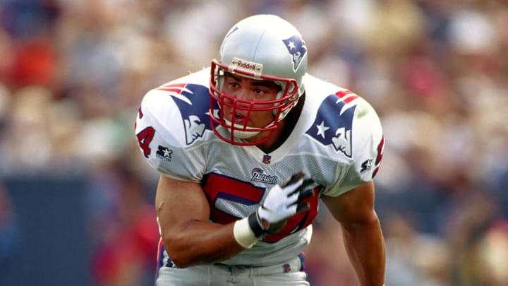 Aug 16, 1997; Foxboro, MA, USA: FILE PHOTO; New England Patriots linebacker (54) Tedi Bruschi in action against the Denver Broncos at Foxboro Stadium. Mandatory Credit: Photo By Imagn Images