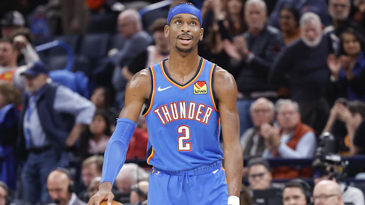 Dec 31, 2024; Oklahoma City, Oklahoma, USA; Oklahoma City Thunder guard Shai Gilgeous-Alexander (2) smiles as he watches the final second expire of a game against the Minnesota Timberwolves at Paycom Center. Mandatory Credit: Alonzo Adams-Imagn Images