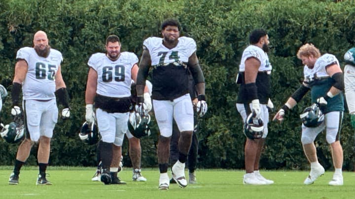 Eagles offensive linemen from left to right: Lane Johnson, Landon Dickerson, Fred Johnson, Jordan Mailata, and Cam Jurgens. Eagles offensive linemen from left to right: Lane Johnson, Landon Dickerson, Fred Johnson, Jordan Mailata, and Cam Jurgens.