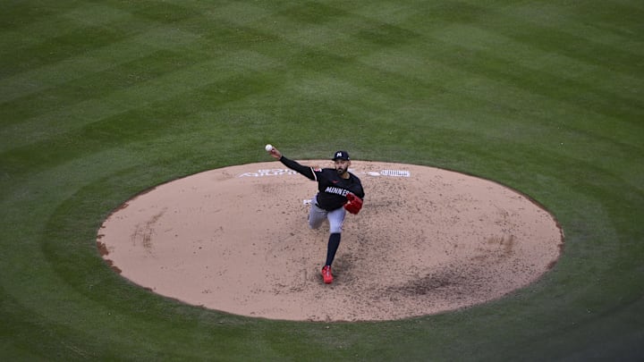 Mar 27, 2025; St. Louis, Missouri, USA;  Minnesota Twins starting pitcher Pablo Lopez (49) pitches against the St. Louis Cardinals during the fifth inning at Busch Stadium. Mandatory Credit: Jeff Curry-Imagn Images