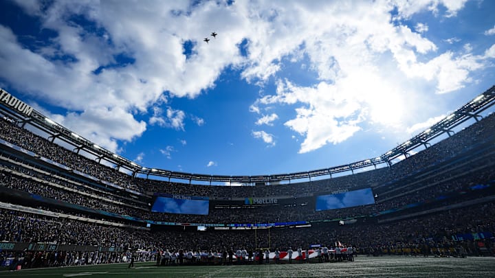 Fighter jets fly over MetLife Stadium before a game between the New York Giants and the Green Bay Packers, Nov 16, 2025, East Rutherford, NJ, USA.