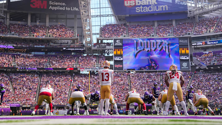Sep 15, 2024; Minneapolis, Minnesota, USA; San Francisco 49ers quarterback Brock Purdy (13) against the Minnesota Vikings in the fourth quarter at U.S. Bank Stadium. Mandatory Credit: Brad Rempel-Imagn Images