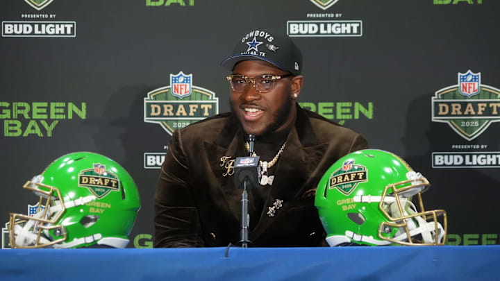 Tyler Booker speaks in a press conference after being selected by the Dallas Cowboys at No. 12 overall.