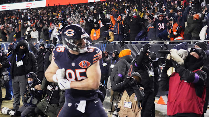 Jan 18, 2026; Chicago, IL, USA; Fans cheer after a touchdown scored by Chicago Bears tight end Cole Kmet (85) against the Los Angeles Rams with eighteen seconds remaining in the fourth quarter of an NFC Divisional Round game at Soldier Field. Mandatory Credit: David Banks-Imagn Images