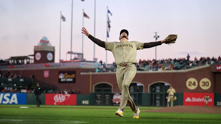 Sep 14, 2024; San Francisco, California, USA; San Diego Padres starting pitcher Joe Musgrove (44) calls for an infield pop up against the San Francisco Giants during the fourth inning at Oracle Park. Mandatory Credit: Robert Edwards-Imagn Images