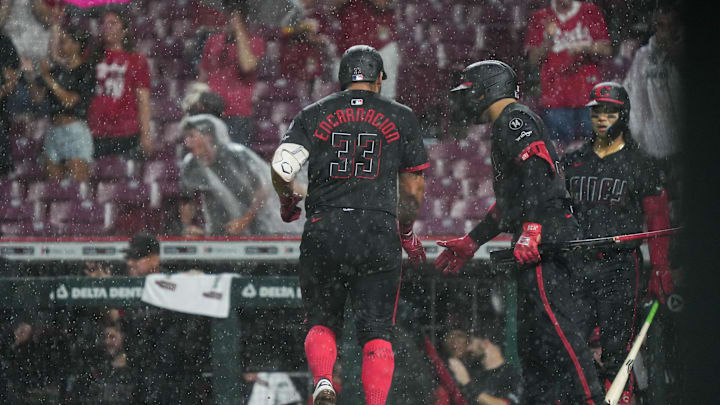 Reds Christian Encarnacion-Strand (33) scores a homerun during their game against the Diamondbacks at Great American Ball Park on Friday June 6, 2025.