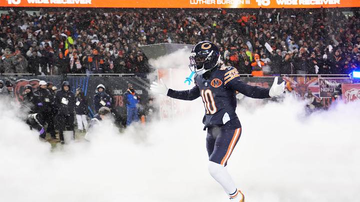 Jan 18, 2026; Chicago, IL, USA; Chicago Bears wide receiver Luther Burden III (10) runs onto the field during player introductions before an NFC Divisional Round game against the Los Angeles Rams at Soldier Field. Mandatory Credit: David Banks-Imagn Images