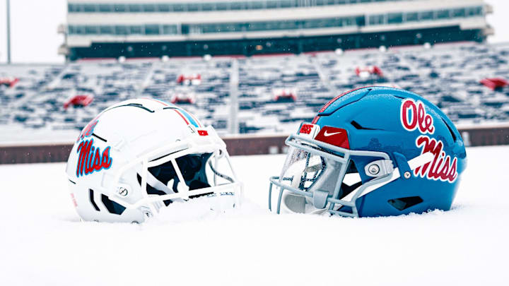 Ole Miss football's white and powder blue helmet options on a snow-covered field at Vaught-Hemingway Stadium. Ole Miss football's white and powder blue helmet options on a snow-covered field at Vaught-Hemingway Stadium.
