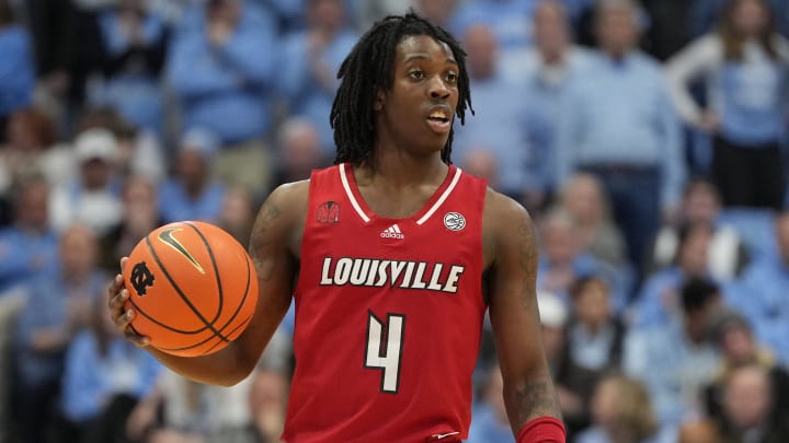 Jan 17, 2024; Chapel Hill, North Carolina, USA; Louisville Cardinals guard Ty-Laur Johnson (4) with Jan 17, 2024; Chapel Hill, North Carolina, USA; Louisville Cardinals guard Ty-Laur Johnson (4) with