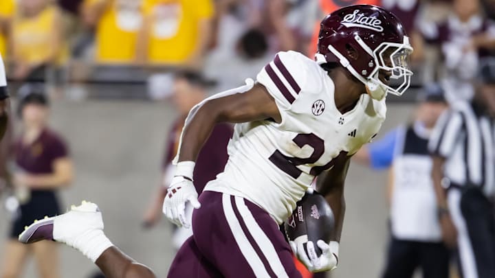 Sep 7, 2024; Tempe, Arizona, USA; Mississippi State Bulldogs running back Keyvone Lee (24) against the Arizona State Sun Devils at Mountain America Stadium. Mandatory Credit: Mark J. Rebilas-Imagn Images