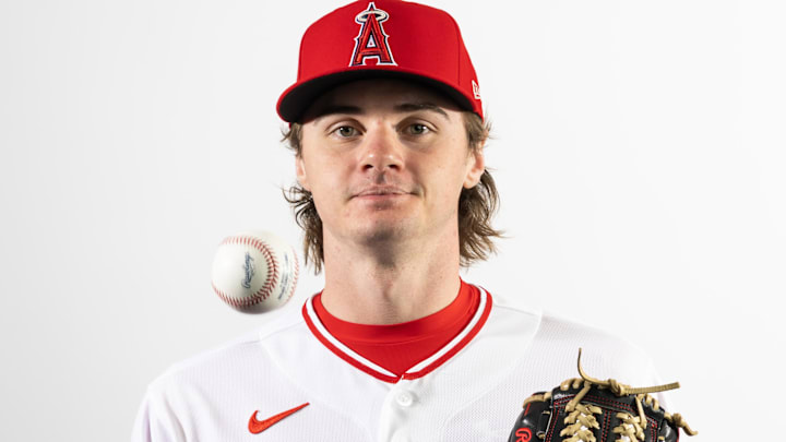 Feb 18, 2026; Tempe, AZ, USA; Los Angeles Angels pitcher George Klassen poses for a portrait during photo day at Tempe Diablo Stadium.  Mandatory Credit: Mark J. Rebilas-Imagn Images