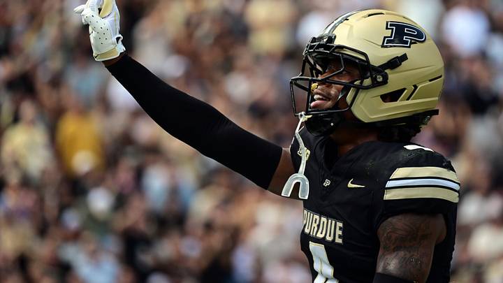 Purdue Boilermakers defensive back Hudauri Hines (4) gestures to the student section.