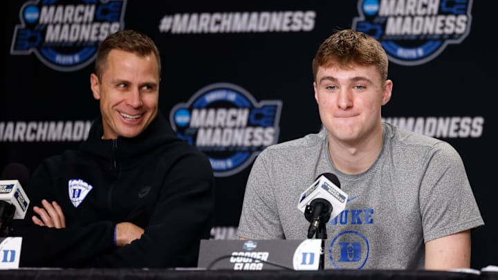 NCAA Men's Basketball Tournament - Elite Eight Press Conferences - Newark; Duke basketball head coach Jon Scheyer and forward Cooper Flagg