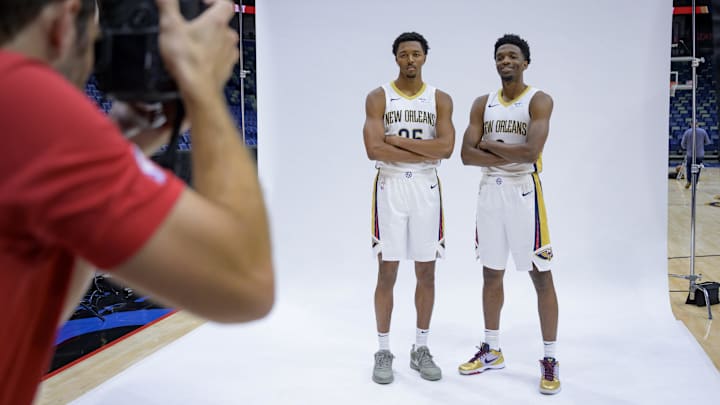 Sep 30, 2024; New Orleans, LA, USA; New Orleans Pelicans guard/forward Trey Murphy III (25) and New Orleans Pelicans guard/forward Herb Jones (2) take part in Pelicans Media Day at the Smoothie King Center.