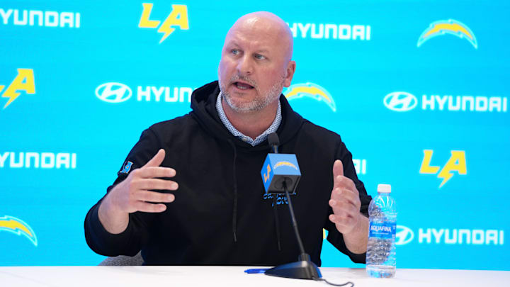 Apr 17, 2025; El Segundo, CA, USA; Los Angeles Chargers general manager Joe Hortiz at press conference at The Bolt. 