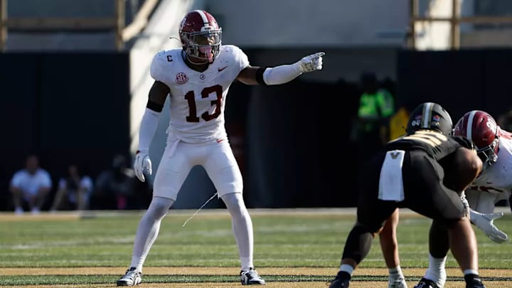 Alabama Defensive Back Malachi Moore (13) signals against Vanderbilt at FirstBank Stadium in Nashville, TN on Saturday, Oct 5, 2024. Alabama Defensive Back Malachi Moore (13) signals against Vanderbilt at FirstBank Stadium in Nashville, TN on Saturday, Oct 5, 2024.