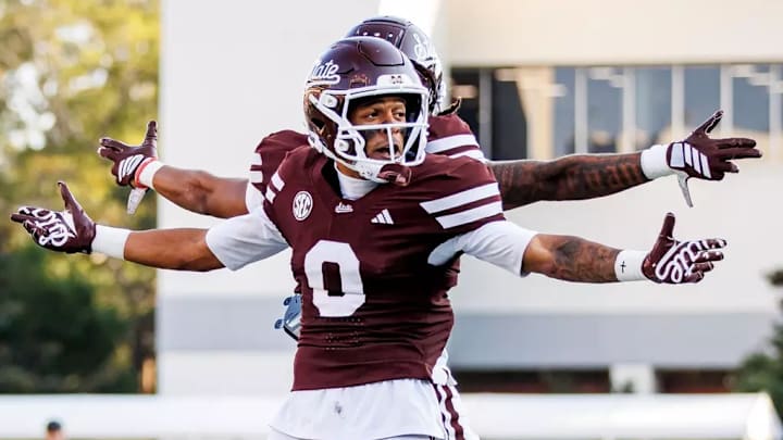 Mississippi State Wide Receiver Anthony Evans III (#3) and Mississippi State Wide Receiver Brenen Thompson (#0) during the game between the Alcorn State Braves and the Mississippi State Bulldogs at Davis Wade Stadium at Scott Field in Starkville, MS.