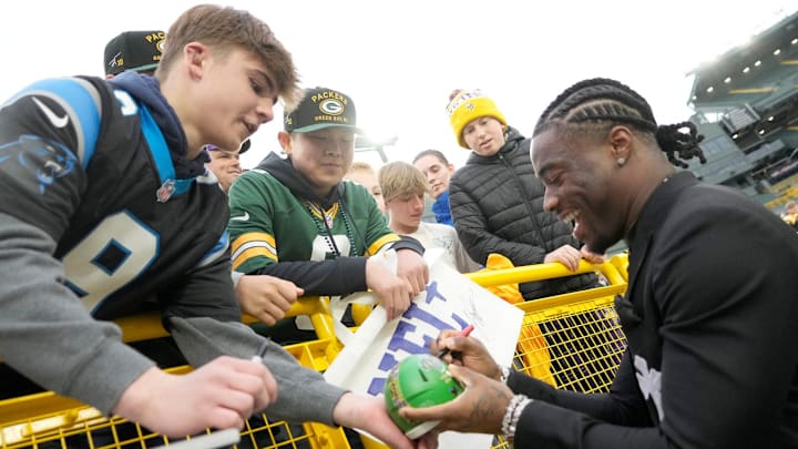 NFL draft prospect, Jalen Milroe of Alabama, arrives during the NFL Draft Red Carpet event at Lambeau Field in Green Bay on Thursday, April 24, 2025.
