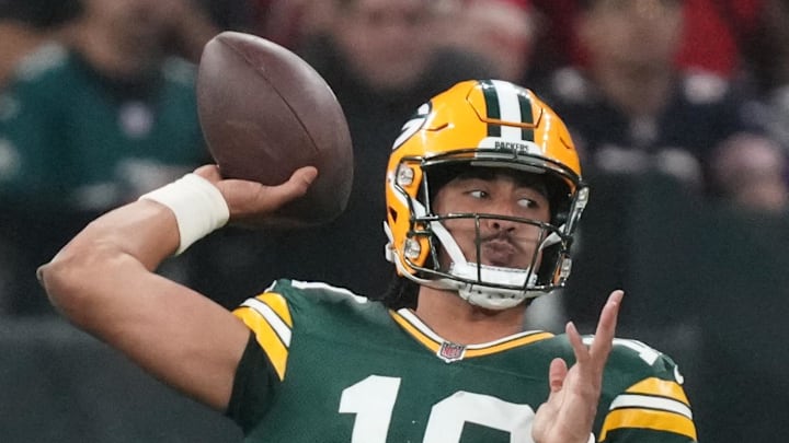 Sep 6, 2024; Sao Paulo, BRA; Green Bay Packers quarterback Jordan Love (10) throws during the second half against the Philadelphia Eagles at Neo Quimica Arena. Mandatory Credit: Kirby Lee-Imagn Images
