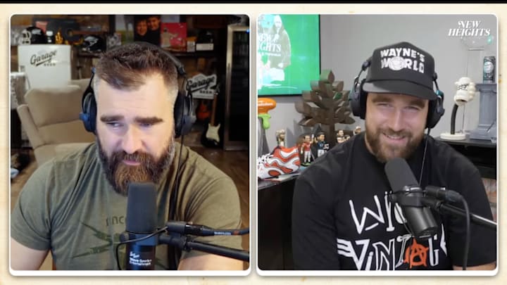 Jason and Travis Kelce talk on their podcast “New Heights.”