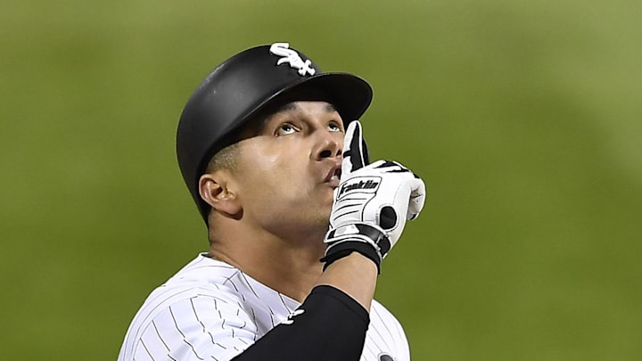 Chicago White Sox right fielder Avisail Garcia (26) reacts at the plate after hitting a two-run home run in the first inning against the Cleveland Indians at Guaranteed Rate Field in 2018.