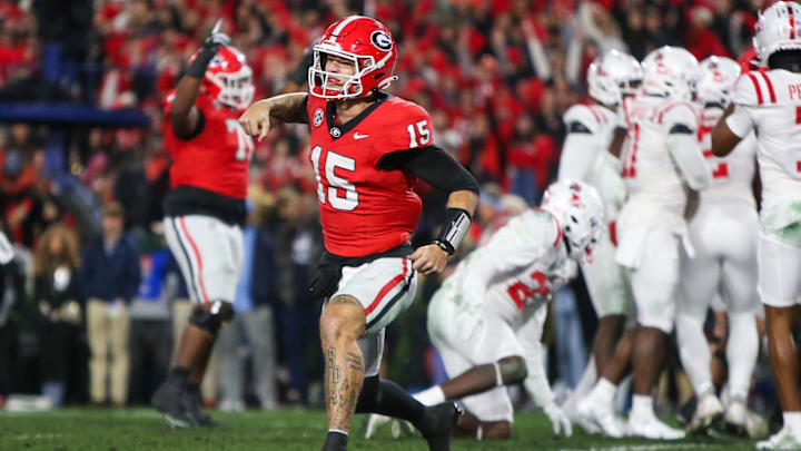 Nov 11, 2023; Athens, Georgia, USA; Georgia Bulldogs quarterback Carson Beck (15) celebrates after a