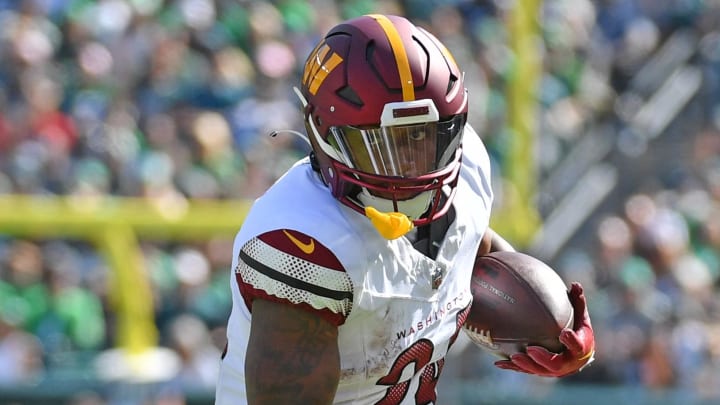 Oct 1, 2023; Philadelphia, Pennsylvania, USA; Washington Commanders running back Antonio Gibson (24) against the Philadelphia Eagles during the first quarter at Lincoln Financial Field. Mandatory Credit: Eric Hartline-USA TODAY Sports