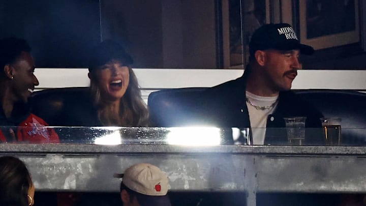 Oct 14, 2024; Bronx, New York, USA; Recording artist Taylor Swift and Kansas City Chiefs tight end Travis Kelce watch game one of the ALCS for the 2024 MLB Playoffs between the New York Yankees and the Cleveland Guardians at Yankee Stadium. 