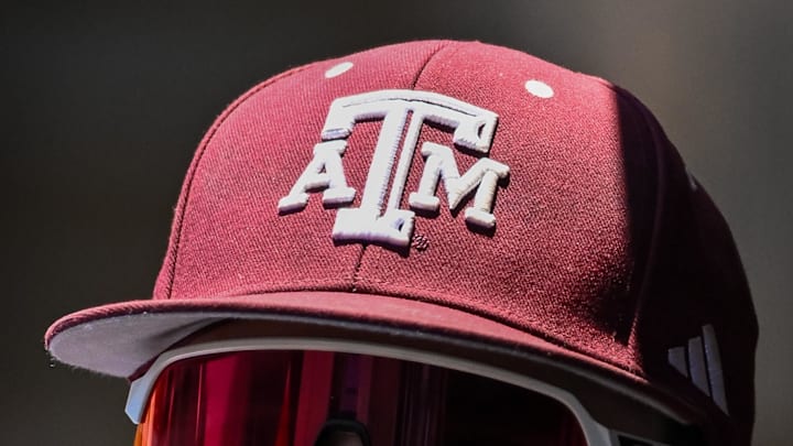 A detailed view of a Texas A&M baseball cap worn during the game against Oregon at Olsen Field at Blue Bell Park.