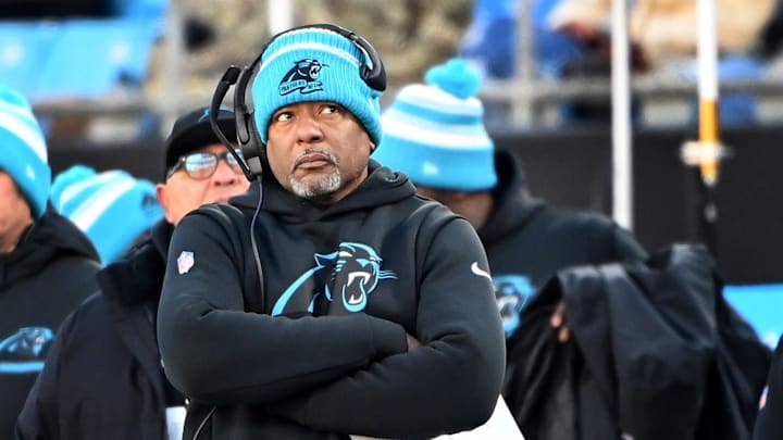 Dec 24, 2022; Charlotte, North Carolina, USA; Carolina Panthers head coach Steve Wilks reacts in the third quarter at Bank of America Stadium. Mandatory Credit: Bob Donnan-Imagn Images Dec 24, 2022; Charlotte, North Carolina, USA; Carolina Panthers head coach Steve Wilks reacts in the third quarter at Bank of America Stadium. Mandatory Credit: Bob Donnan-Imagn Images