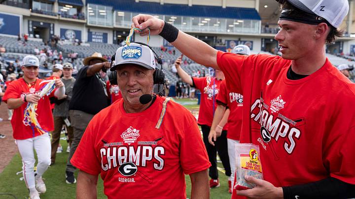 Georgia Bulldogs head coach Wes Johnson gets some sour power candy as he is interviewed as Georgia Bulldogs take on Arkansas Razorbacks during the SEC baseball tournament championship game at Hoover Metropolitan Stadium in Hoover, Ala. on Sunday, May 24, 2026. Georgia Bulldogs defeated Arkansas Razorbacks 11-1 Georgia Bulldogs head coach Wes Johnson gets some sour power candy as he is interviewed as Georgia Bulldogs take on Arkansas Razorbacks during the SEC baseball tournament championship game at Hoover Metropolitan Stadium in Hoover, Ala. on Sunday, May 24, 2026. Georgia Bulldogs defeated Arkansas Razorbacks 11-1