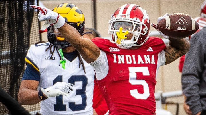 Indiana's Ke'Shawn Williams (5) celebrates a long gain during the Indiana versus Michigan football game at Memorial Stadium on Friday, Nov. 9, 2024.