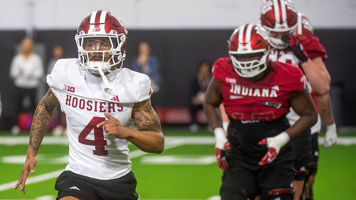 Indiana's AJ Harris (4) during Indiana University spring football practice on Thursday, March 26, 2026. Indiana's AJ Harris (4) during Indiana University spring football practice on Thursday, March 26, 2026.