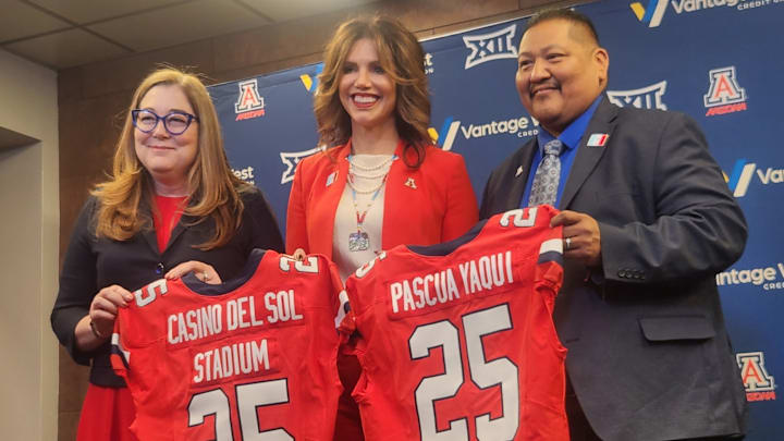 Arizona AD Desiree Reed-Francois with Chairman of the Pascua Yaqui Tribe Julian Hernandez and CEO of Casino Del Sol Amanda Sampson Lomayesva.