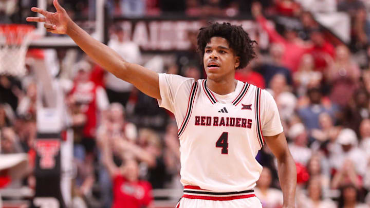 Texas Tech's Christian Anderson reacts to hitting a 3-pointer against Cincinnati during a Big 12 Conference men's basketball game, Tuesday, Feb. 24, 2026, in United Supermarkets Arena.